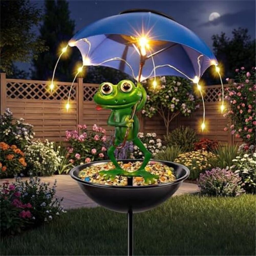 Outdoor Solar Frog Garden Lights with Bird Feeder Umbrella